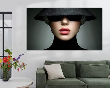 Portrait de mode surréaliste avec chapeau noir et regard caché