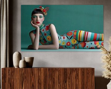 Portrait de mode surréaliste avec motif floral et personnage allongé