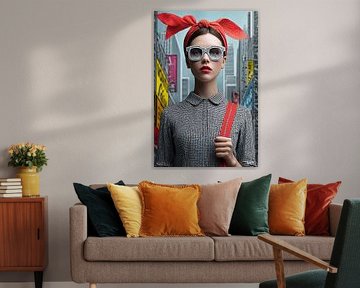 Portrait de mode surréaliste avec un serre-tête rouge et un fond urbain