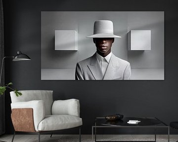 Surreales Mode Porträt in Grau mit verdecktem Gesicht von May