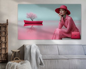 Portrait de mode surréaliste en rose avec un bateau et un arbre en fleurs