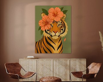 Moderne Exotische Tijger: Portret met Oranje Hibiscus