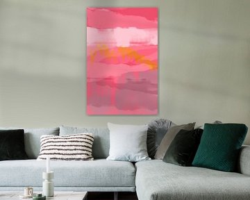 Colorful abstract painting . Landscape in neon pink, white, yellow