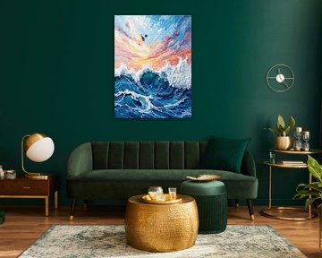 Snoep-bedekte kruinen: Een Impasto zeegezicht met kolkende Cerulean golven en een pastelkleurige Suikerspin Lucht