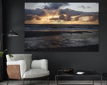 Atmospheric sunset on Sylt with seagulls