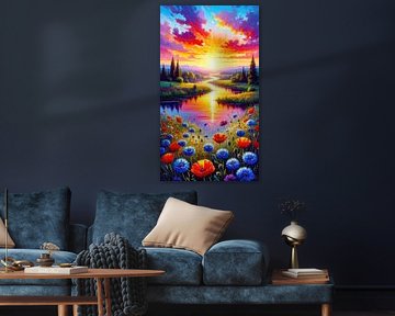 Fluss im Sonnenuntergang mit Blumenwiese, blaue Kornblumen und roter Mohn von AidasignArt