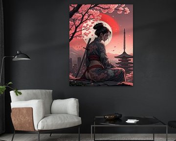 Femme japonaise combattante avec un sabre sous un cerisier sur Maxim Schulkin