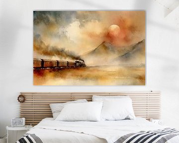 Dampfzug bei Sonnenuntergang - nostalgisches Gemälde von Peter Pen Zeichnungen und Gemälde