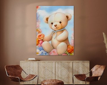 Teddy bear among flowers by Ivonne Fuhren-van de Kerkhof