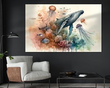 Wal und Qualle Aquarell von Chromatic Fusion Studio
