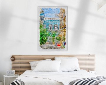 Street with flowers in Olhão (watercolour)