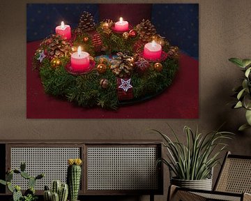 advent wreath with four lighted red candles, glittering cones an by SusaZoom