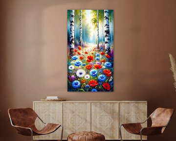 Clairière entre bouleaux, bleuets et coquelicots sur AidasignArt