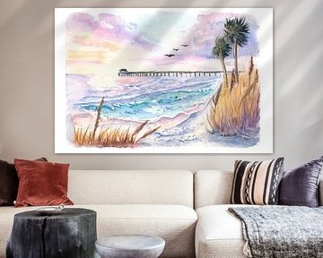 Goldener Sonnenuntergang über dem Tybee Pier, Küste von Georgia