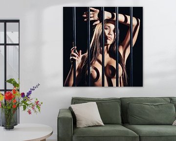 Sehr schöne nackte Frau hinter Gittern