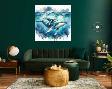 Mother and Calf Whales Watercolor by Chromatic Fusion Studio