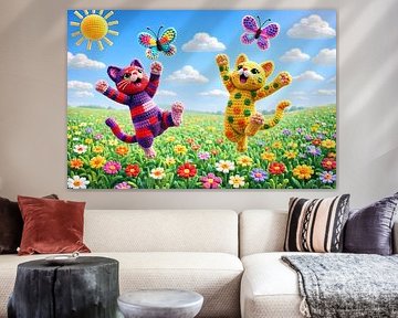 Dancing crochet cats in field of flowers by Linda de Klein