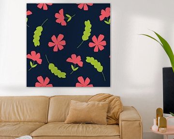 Simple Floral Pattern with Red Flowers on Deep Blue Background by SoftNature Patterns