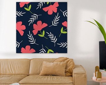 Modernes florales Muster mit roten Blumen und weißen Blättern auf Dunkelblau von SoftNature Patterns