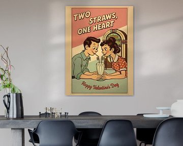 Two Straws One Heart Retro Soda Shop Valentine Graphic Portrait by Ramy Salah Hefny
