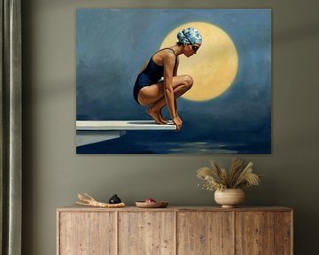 Swimmer Poised Beneath Glowing Moon by Jan Keteleer