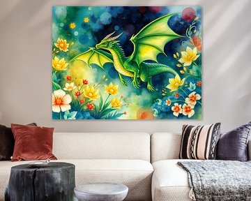 Green dragon with flowers by Linda de Klein