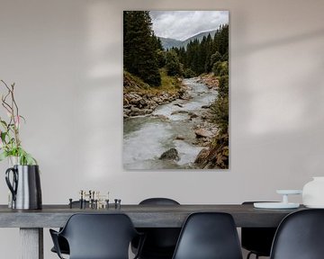 A wildly flowing mountain stream with boulders and trees by Colinda Riemens