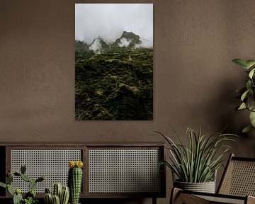 Puissante paroi rocheuse avec mousse et nuages sur Colinda Riemens