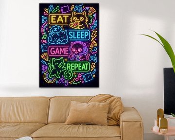 Eat Sleep Game Repeat Gaming Cats in Neon Lights by Modern Art24