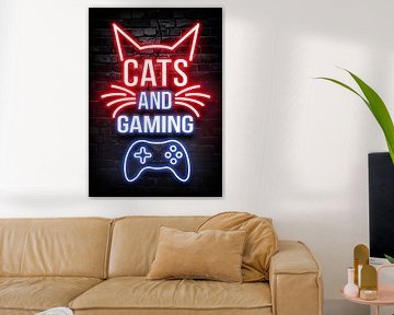 Cats and Gaming with Controller in Neon Lights at Bricks Wall by Modern Art24