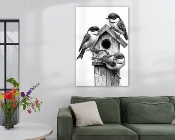 Trois oiseaux chanteurs perchés sur une maison d'oiseau rustique Niveaux de gris