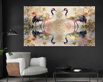 Himmlische Kraniche in Harmonie - Wasserfarben Malerei von A.D. Digital ART