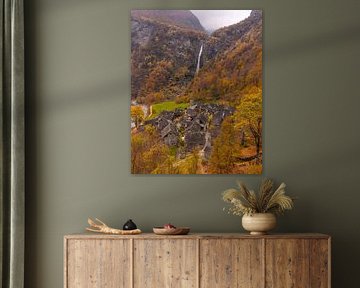 Foroglio in autumn colours with mountain village and waterfall in Switzerland by Ewold Kooistra