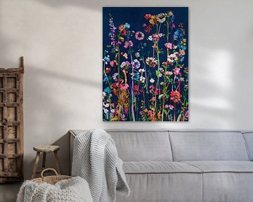 Een Kleurrijk Bloemenveld op diepblauw