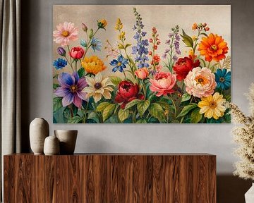 Zomerse bloementuin met Pioenen, Dahlia's en Riddersporen