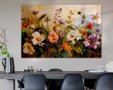 Een sfeervol botanisch bloemstilleven met warme tinten