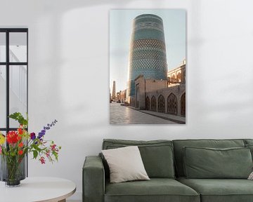 Turquoise mozaïek toren tijdens zonsopgang | reisfotografie print | Khiva Oezbekistan