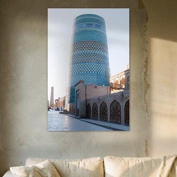 Turquoise mosaic tower during sunrise | travel photography print | Khiva Uzbekistan