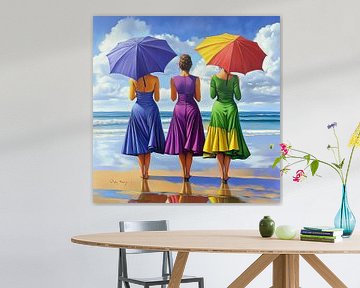 Women with umbrellas on the beach in blue, yellow and red by Jan Bechtum