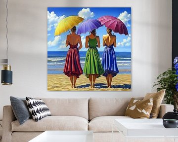 Femmes avec des parasols sur la plage en jaune, violet, rouge