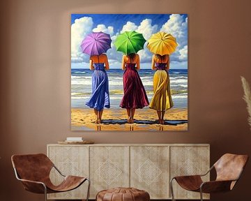 Women with umbrellas on the beach in purple, green, yellow by Jan Bechtum