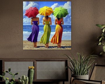 Women with umbrellas on the beach in red, yellow, green by Jan Bechtum