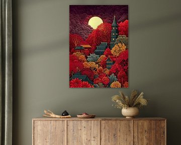 Herbstmond über dem Dorf Crimson Pagoda