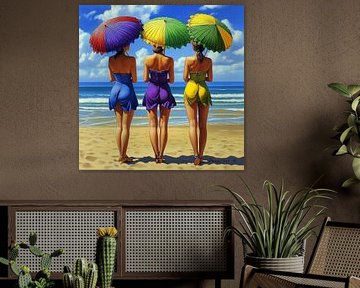 Women with umbrellas on the beach by Jan Bechtum