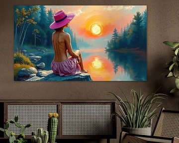 Frau auf einem Felsen am Waldsee im Sonnenuntergang von AidasignArt