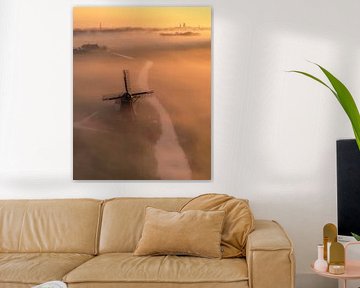 Misty Morning at the Mill - Golden Light over Polder Landscape by Ewold Kooistra