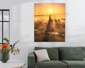 Sunrise over Tjerkwerd - Church village in Golden Fog by Ewold Kooistra