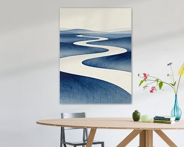 JAPANDI Winding River Indigo Hills Art - Minimalist Zen Flow Landscape Poster