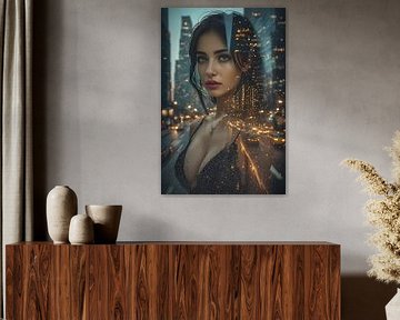 Vrouw in stad, dubbele belichting