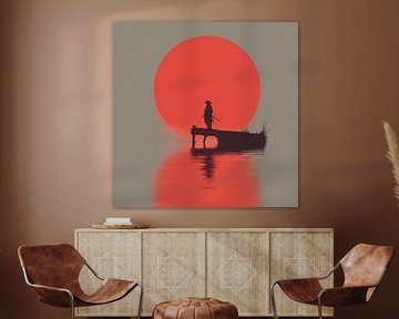 Samurai at Sunset Silence in Red Reflection by Eva Lee